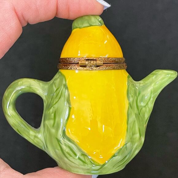 Limoges Trinket Box Peint Main Rochard France Corn Teapot Handpainted Paint Loss - Picture 2 of 16